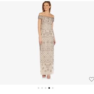 *Like New* Adriana Papell Off-Shoulder Hand beaded Slim Column Gown in Biscotti